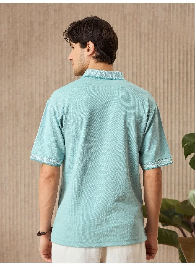 Beyoung Mint Blue Melange Texture Regular Fit Solid Polo Tshirt