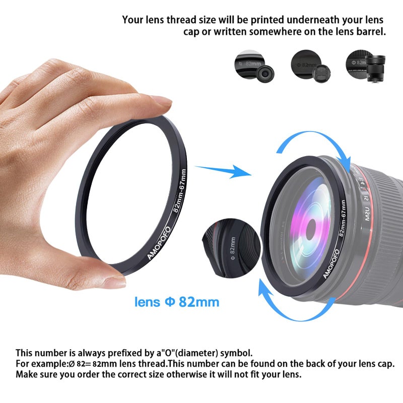 Amopofo 82mm to 67mm /82mm-67mm Step-Down Ring Filter Adapter for All Brands UV,ND,CPL,Metal Step-Down Ring Adapter - Image 4