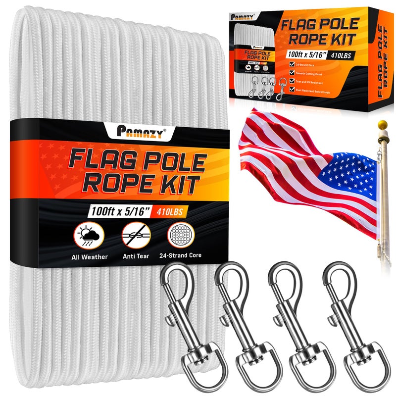 PAMAZY [Upgraded] 5/16â€ 100Ft Flagpole Rope Kit with 4 Pcs 3.3â€ Swivel Snap Hook - High Weight Bearing Anti-Tearing Utility Rope with Durable ZinC Alloy Swivel Hooks - Flag Pole Accessories Replacement Kit - Image 1