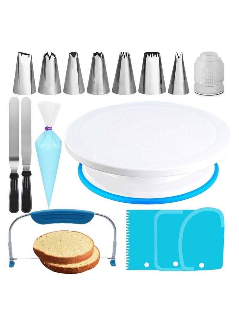 35PCs Cake Turntable and Leveler-Rotating Cake Stand with Non Slip pad-7 Icing Tips and 20 Bags-Straight & Offset Spatula-3 Sc Set-Baking Tools(Blue)  - Image 1