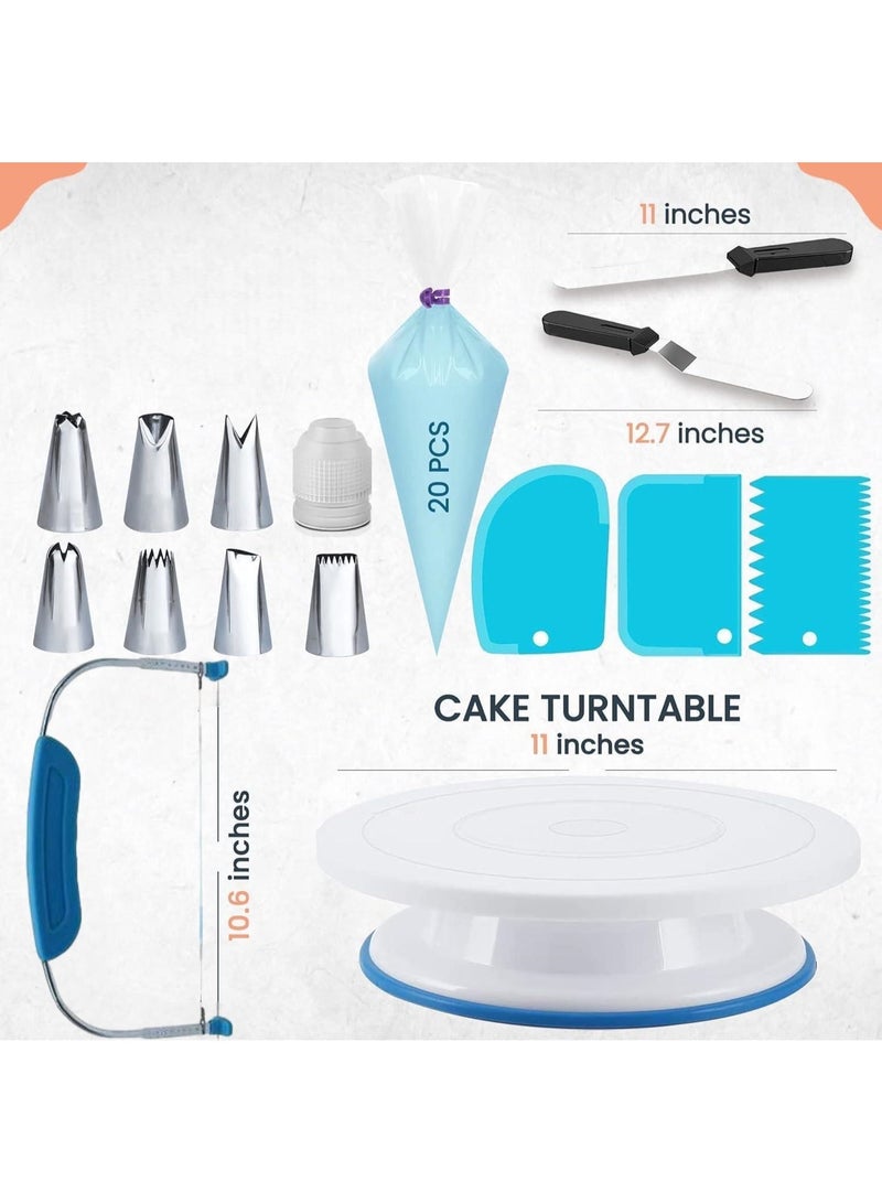 35PCs Cake Turntable and Leveler-Rotating Cake Stand with Non Slip pad-7 Icing Tips and 20 Bags-Straight & Offset Spatula-3 Sc Set-Baking Tools(Blue) - Image 2