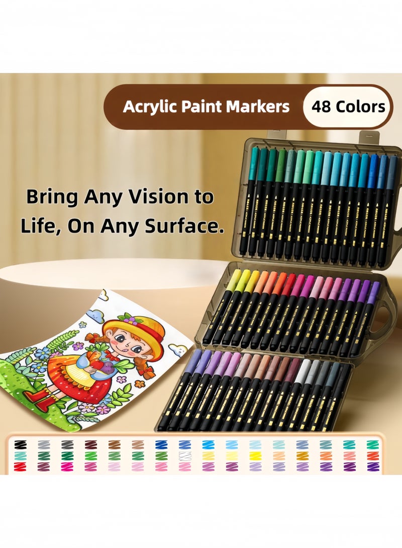 48 Colors Premium Acrylic Marker Set in Black Case | Non-Press Drawing Markers for Paper, Glass, Ceramic, Wood, Rock, Fabric Coloring | Great for Kids, Artists, DIY Crafts - Image 1