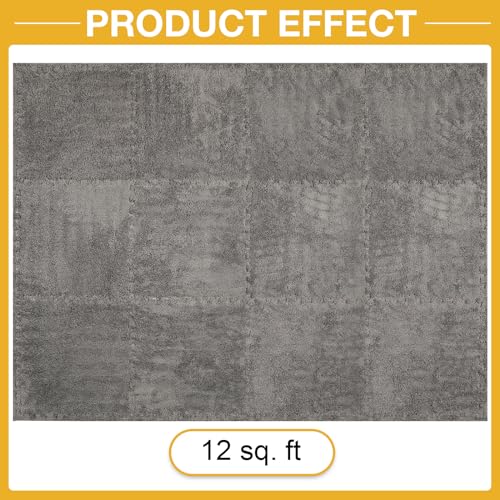 ZENOWICK 12 Pcs Plush Interlocking Carpet Tiles, Non-Toxic Shaggy Foam Carpet Tiles for Toddler Baby, Machine-Washable, Anti-Slip, EVA Foam Interlocking Tiles for Floor, Nursery, Playroom, Grey - Image 4