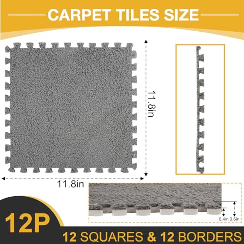 ZENOWICK 12 Pcs Plush Interlocking Carpet Tiles, Non-Toxic Shaggy Foam Carpet Tiles for Toddler Baby, Machine-Washable, Anti-Slip, EVA Foam Interlocking Tiles for Floor, Nursery, Playroom, Grey - Image 3