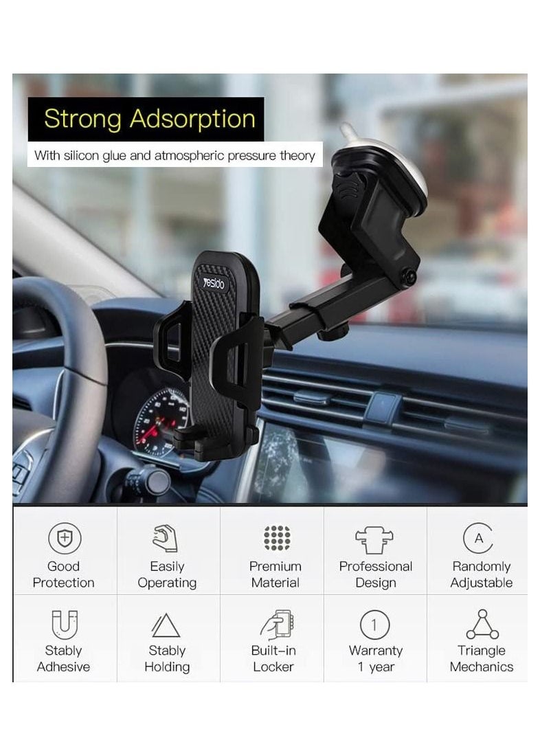 Yesido - Car Mobile Holder, 270 Degree Rotation & Adjustable Mobile Stand for Car Dashboard Windshield, Universal Cell Phone Holder with Suction Cup, Release Button and Lock Mechanism - Image 1