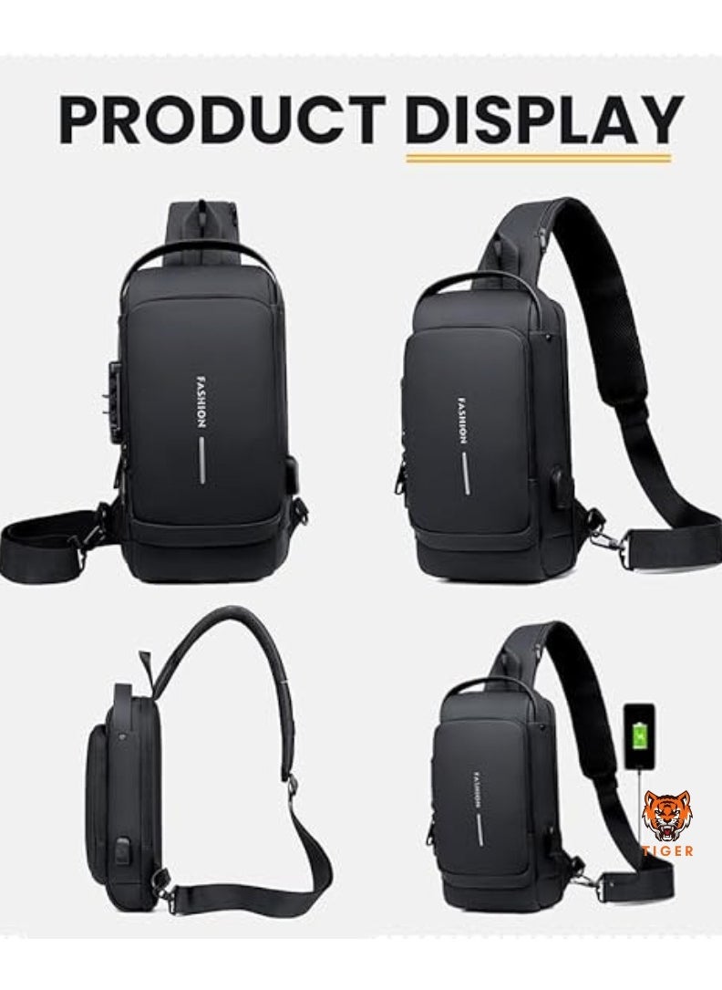 TIGER Waterproof Leather Crossbody Sling Bag with USB Charging Port – Casual Shoulder Backpack for Men and Women, Ideal for Travel & Hiking  - Image 4