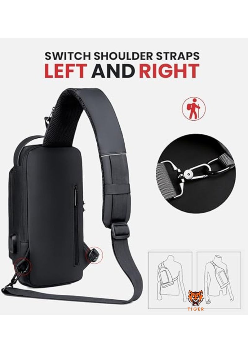 TIGER Waterproof Leather Crossbody Sling Bag with USB Charging Port – Casual Shoulder Backpack for Men and Women, Ideal for Travel & Hiking  - Image 2