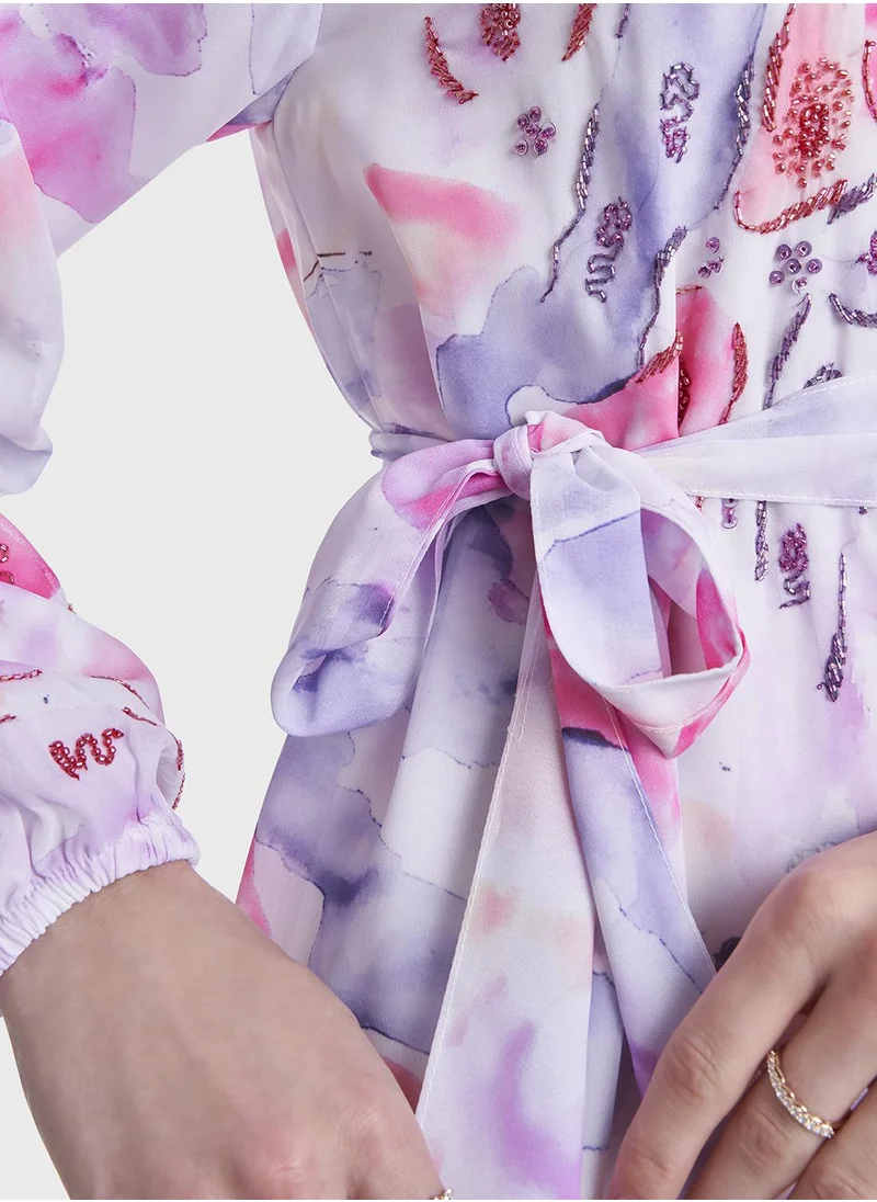 كشخة Water Color Abstract Print Modest Dress