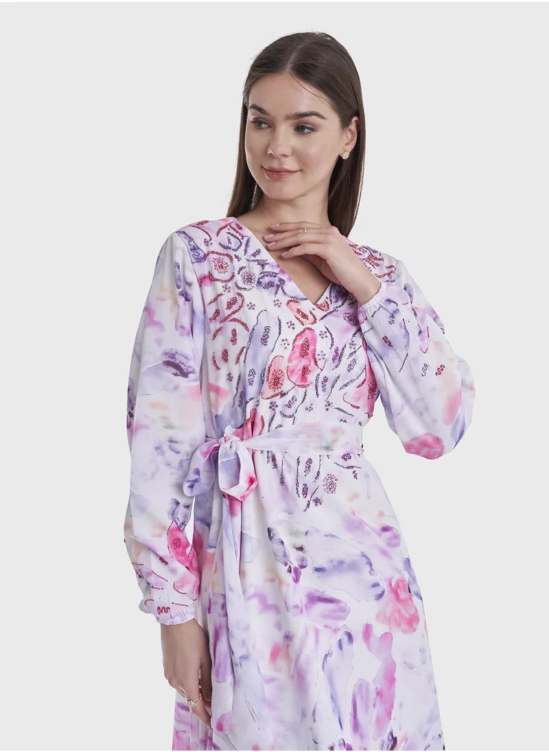 كشخة Water Color Abstract Print Modest Dress