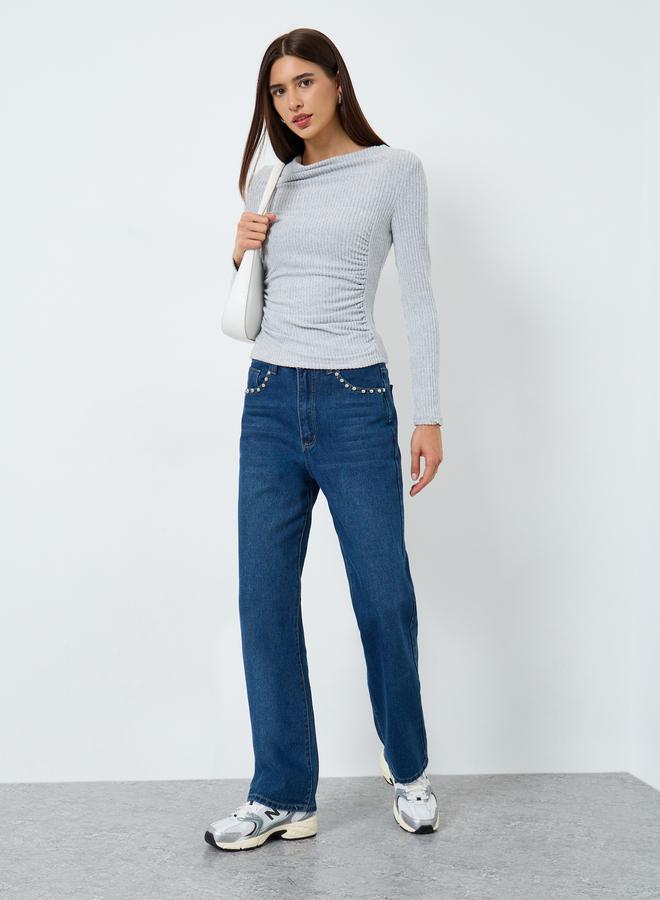 Take Two Grey Draped Neck Ribbed Top - Image 2