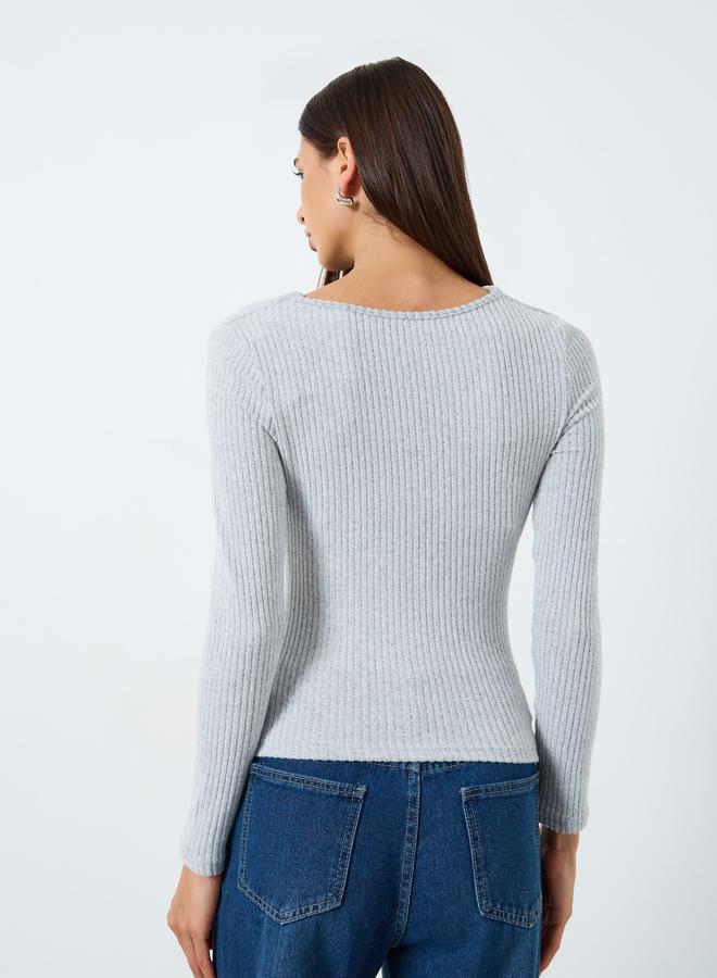 Take Two Grey Draped Neck Ribbed Top - Image 5