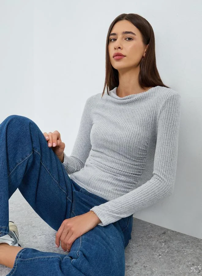 Take Two Grey Draped Neck Ribbed Top