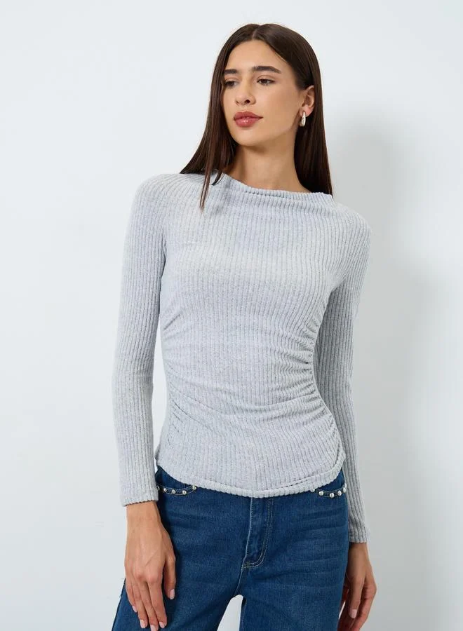 Take Two Grey Draped Neck Ribbed Top