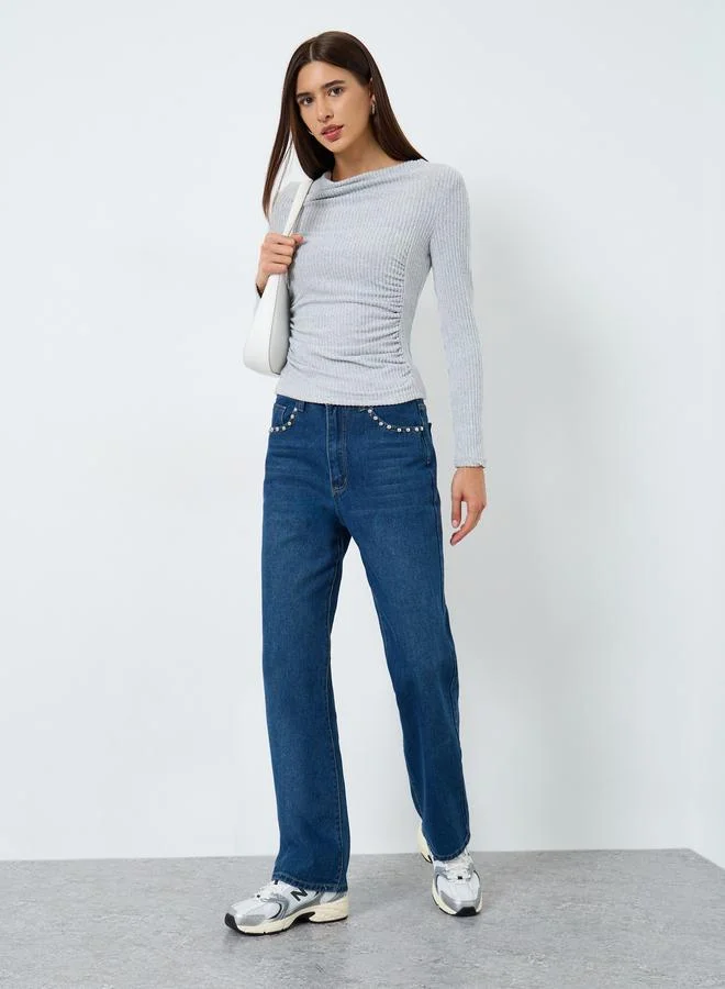 Take Two Grey Draped Neck Ribbed Top