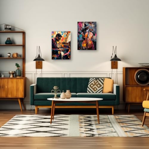 PBXBJY Black Music Wall Art Jazz Canvas Prints 2 Pieces African American Playing Piano and Violin Pictures Print Vintage Music Themed Poster Classroom Bar Decor Framed (16L x 12W x 2Ps) - Image 4