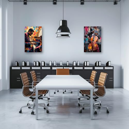 PBXBJY Black Music Wall Art Jazz Canvas Prints 2 Pieces African American Playing Piano and Violin Pictures Print Vintage Music Themed Poster Classroom Bar Decor Framed (16L x 12W x 2Ps) - Image 3