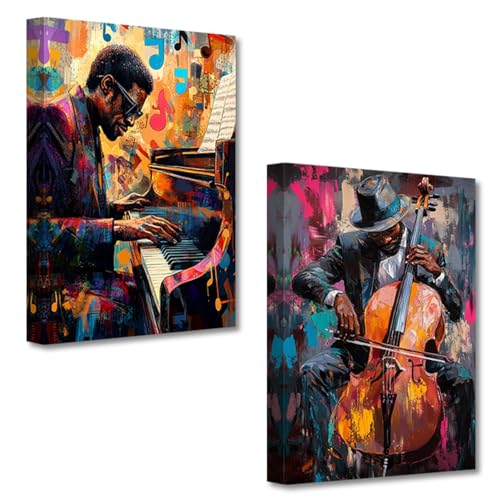 PBXBJY Black Music Wall Art Jazz Canvas Prints 2 Pieces African American Playing Piano and Violin Pictures Print Vintage Music Themed Poster Classroom Bar Decor Framed (16L x 12W x 2Ps) - Image 1