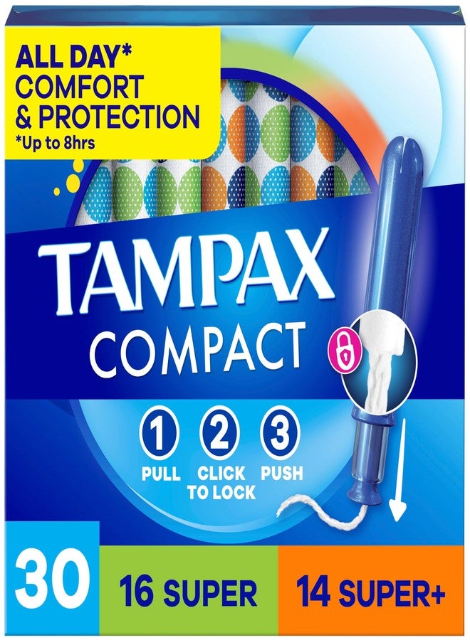 Tampax Compact Pearl Tampons for Women Multipack, with LeakGuard Braid & Extendable Applicator, Super/Super Plus Absorbency, Compact Extendable Applicator, Unscented, 30 Count - Image 1