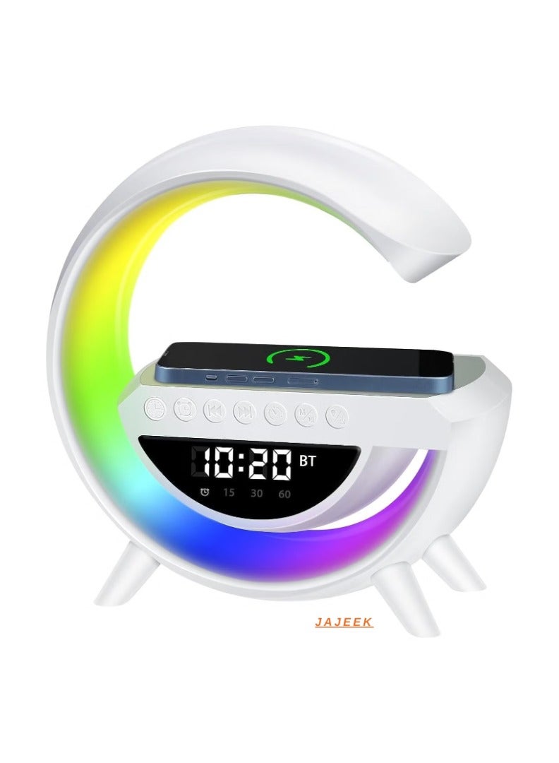 JAJEEK Atmosphere Lamp with 15W Wireless Charger & LED Alarm Clock – Dimmable Ambient Light, Smart Table Lamp with Bluetooth Speaker, Dazzling Running Lights & Multiple Lighting Modes for Adults, Kids, Office & Bedroom (White) - Image 1