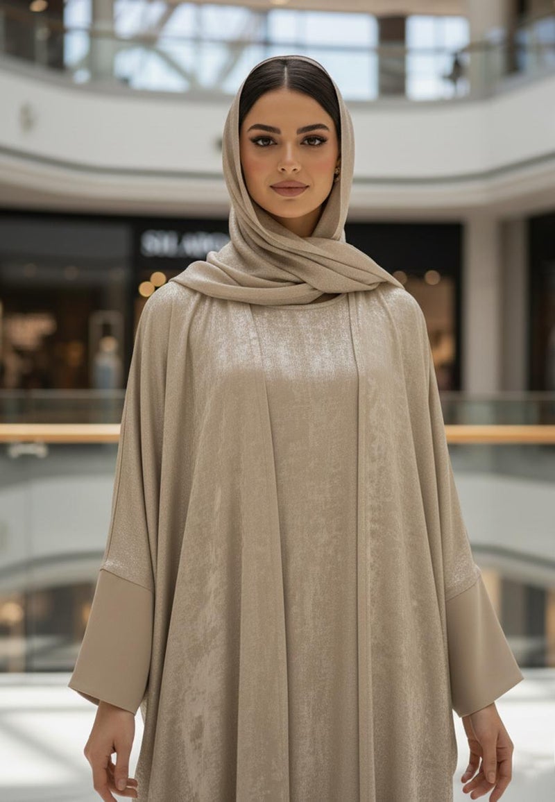 NUKHBAA Luxurious Textured Abaya two-piece set includes a matching sleeveless inner dress-2P804 - Image 3