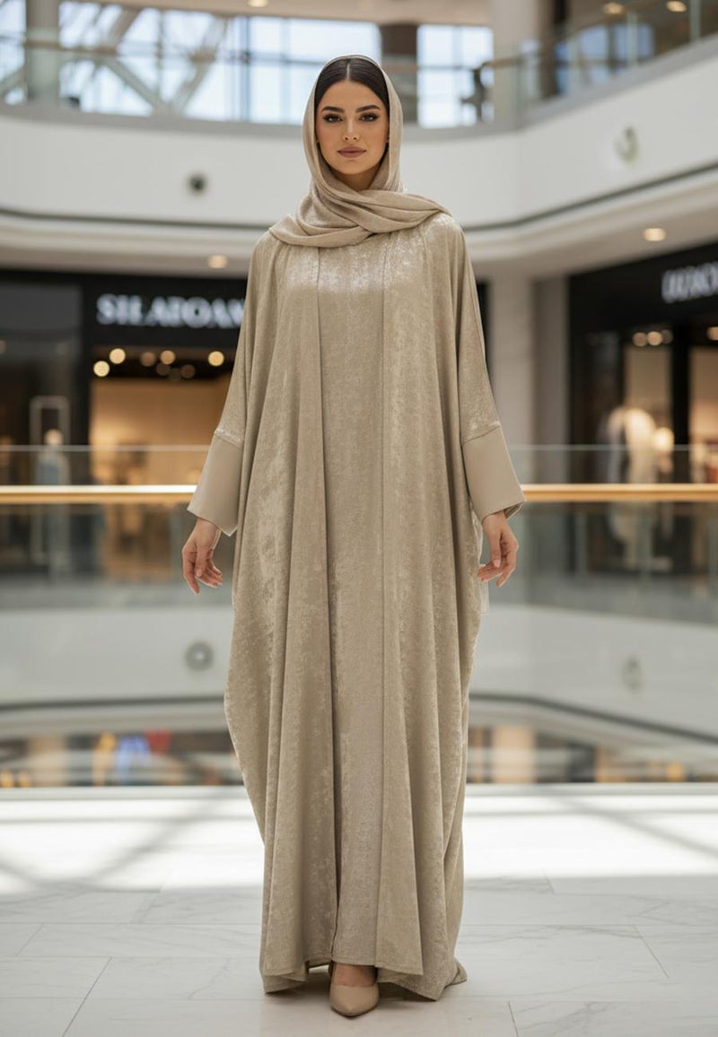 NUKHBAA Luxurious Textured Abaya two-piece set includes a matching sleeveless inner dress-2P804 - Image 1