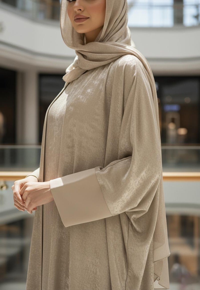 NUKHBAA Luxurious Textured Abaya two-piece set includes a matching sleeveless inner dress-2P804 - Image 2