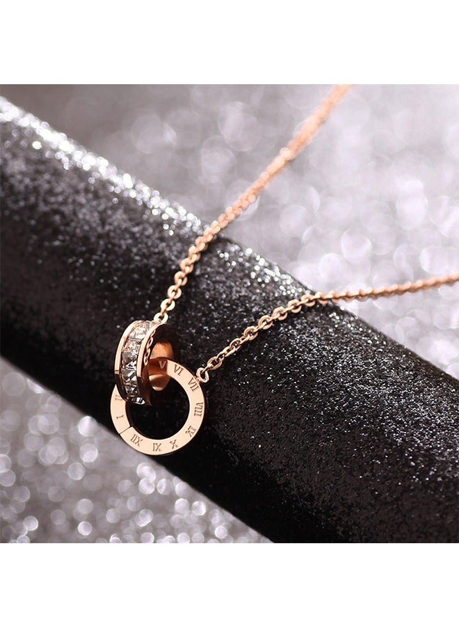 Beyond Roman Alphabet Double Ring Necklace, Anti Rust and Anti Fading 14k Rose Gold Plated Necklace, Fashion Jewelry Gift (Rose Gold) - Image 2