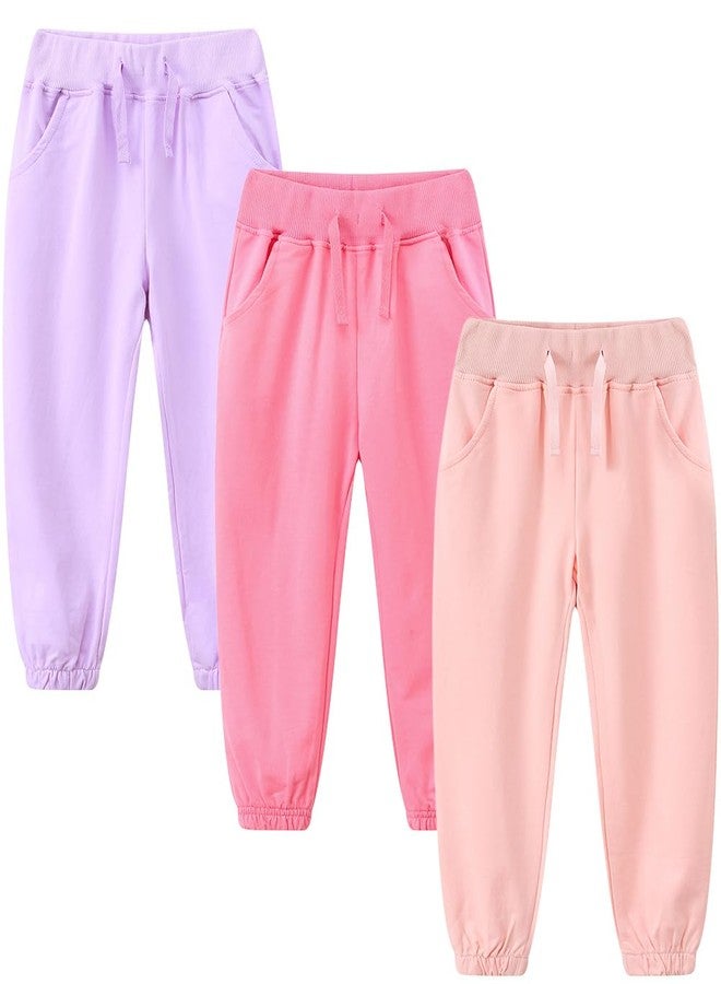VZF 3 Pack Toddler Girls Sweatpants Soft Cotton Girl Joggers Casual Athletic Pull-On Pants with Pockets, Pink+Watermelon Red+Purple, 5Y - Image 1