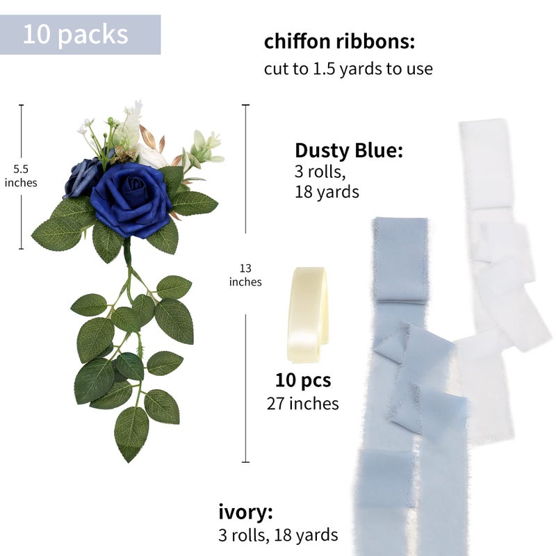 DreamBuilt Wedding Aisle Decorations for Wedding Ceremony Set of 10 Pew Flowers for Church Chair Decorations Party Decor with Artificial Flowers Eucalyptus and Ribbons Blue - Image 2