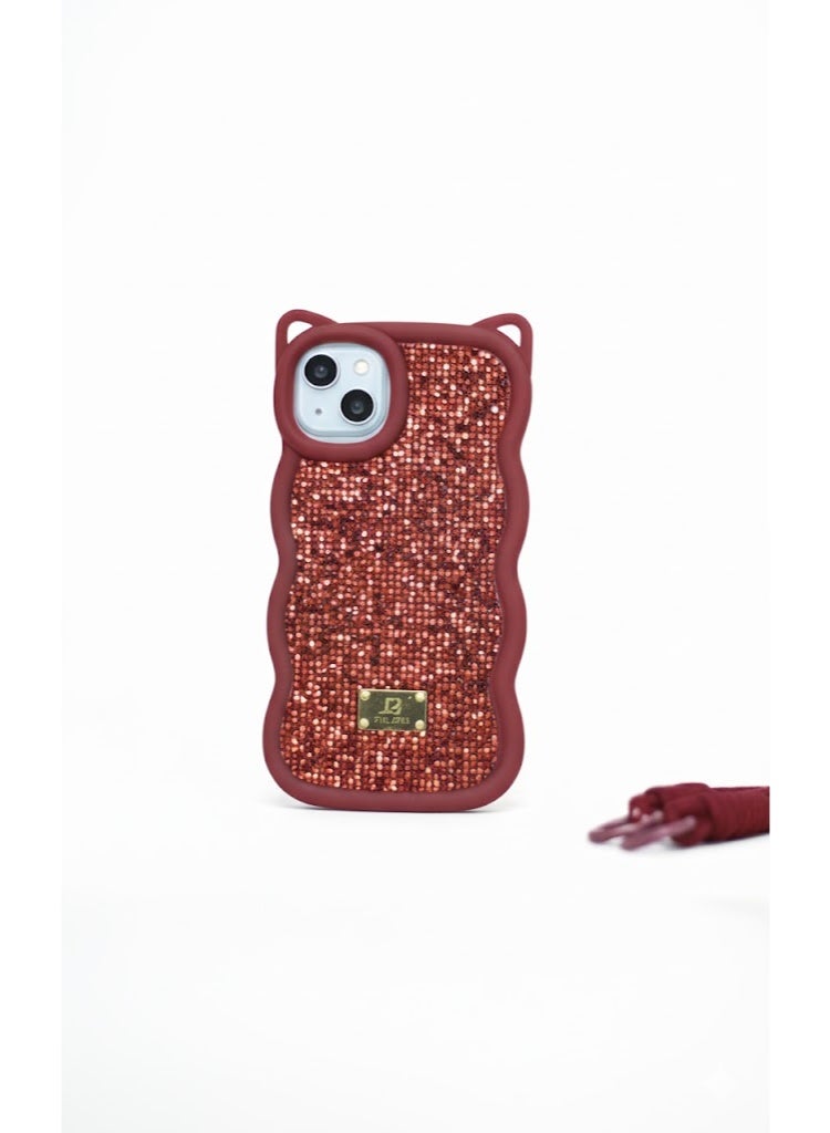 غطاء سيليكون ماسي مع بطانة مخملية مشمسة لهاتف iPhone 13 (أحمر نبيذي)