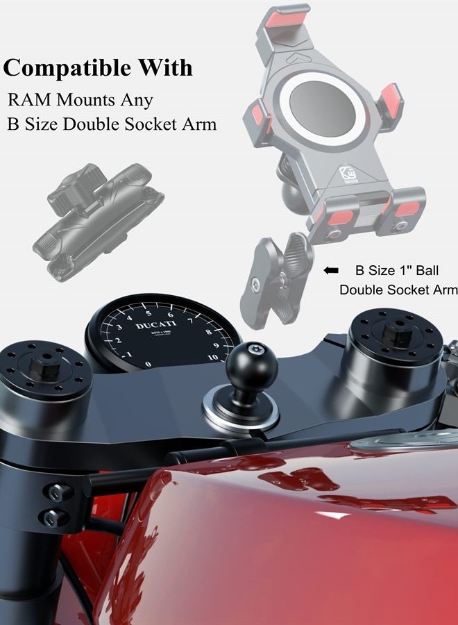 BRCOVAN Metal Motorcycle Fork Stem Mount Base with 1'' TPU Ball for Stem Holes 12mm to 25.4mm in Diameter, Compatible with RAM Mounts B Size 1 Inch Ball Double Socket Arm - Image 1