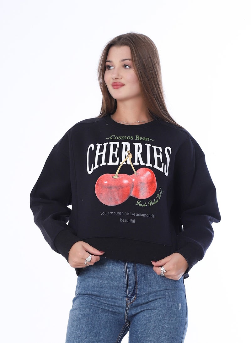 بيبو سويت شيرت نسائي بطبعة، وأكمام طويلة_اسود - Image 1