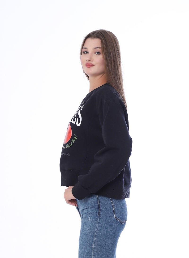 بيبو سويت شيرت نسائي بطبعة، وأكمام طويلة_اسود - Image 2