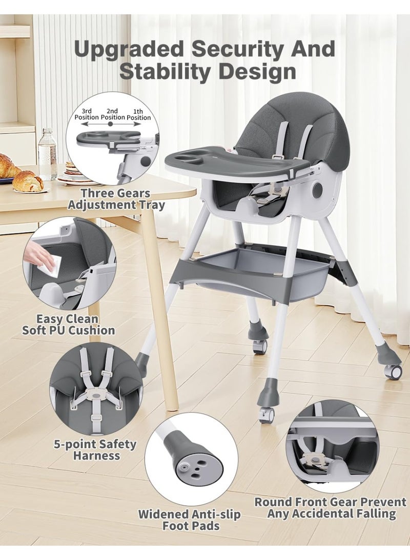 غوغويا كرسي طعام قابل للتحويل 5 في 1 للأطفال، كرسي طعام قابل للطي مع إمكانية تعديل زاوية الانحناء، وصينية قابلة للفصل وعجلات قابلة للقفل، ووسادة من مادة البولي يوريثان (PU) مقاومة للماء وسهلة التنظيف، مخصص للأطفال الرضع والأطفال الصغار من عمر 0 إلى 5 سنوات - Image 3
