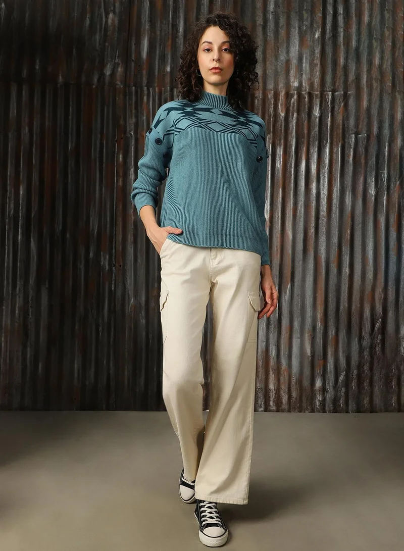 HIGH STAR Women's Arctic With Dark Teal 100% Acrylic Solid Oversized Sweater