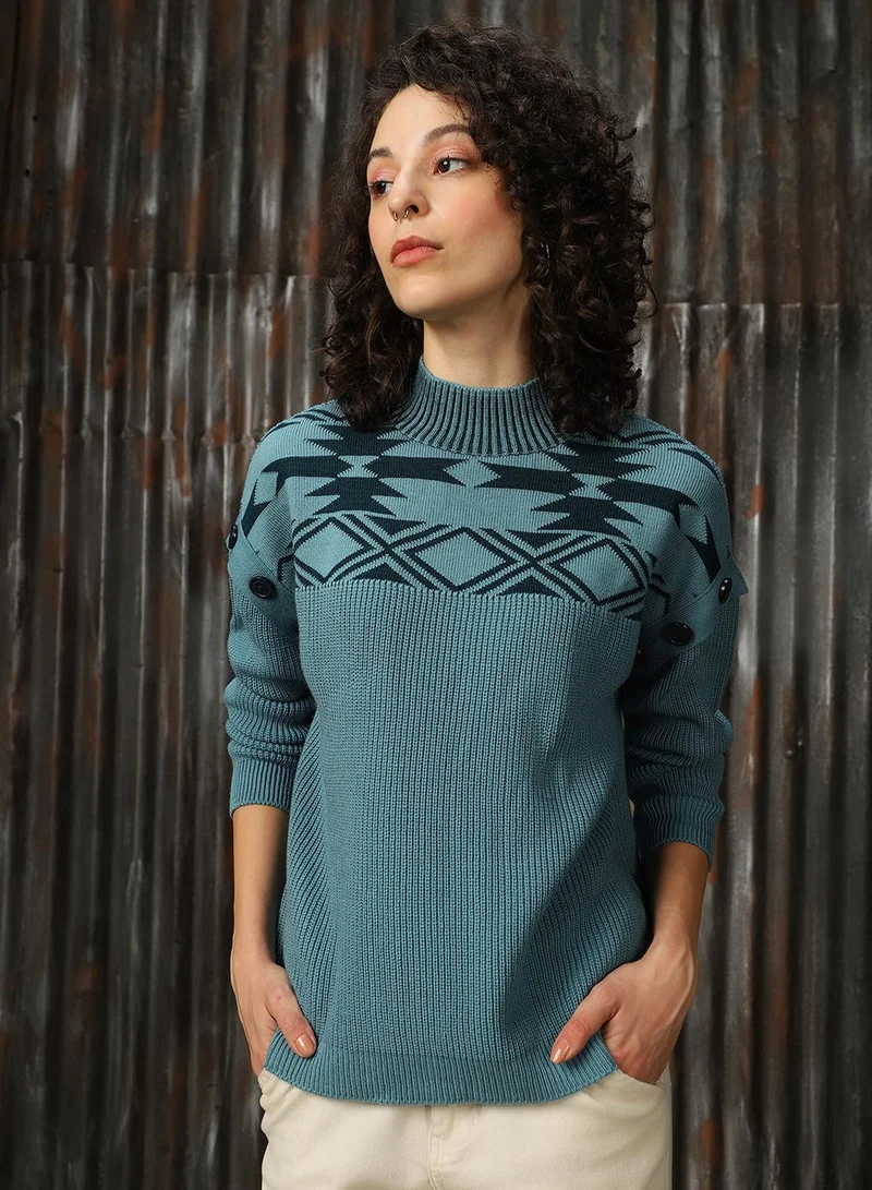 HIGH STAR Women's Arctic With Dark Teal 100% Acrylic Solid Oversized Sweater