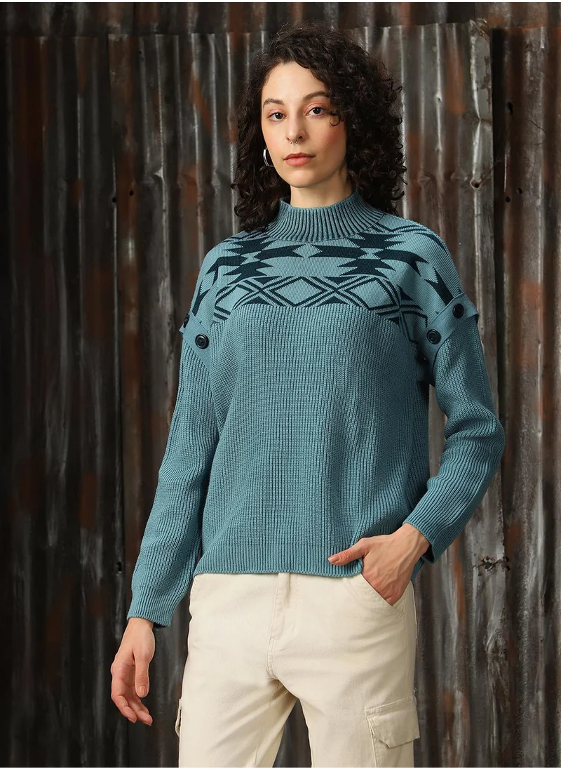 هاي ستار Women's Arctic With Dark Teal 100% Acrylic Solid Oversized Sweater