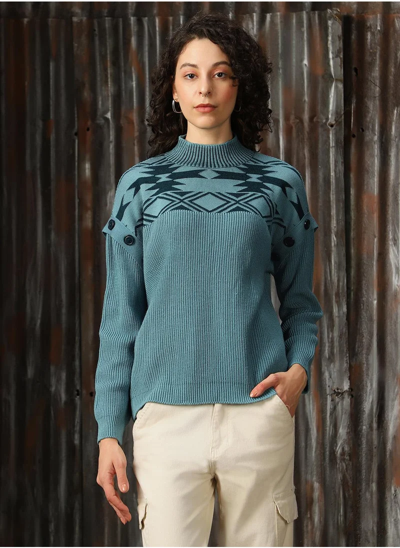 هاي ستار Women's Arctic With Dark Teal 100% Acrylic Solid Oversized Sweater