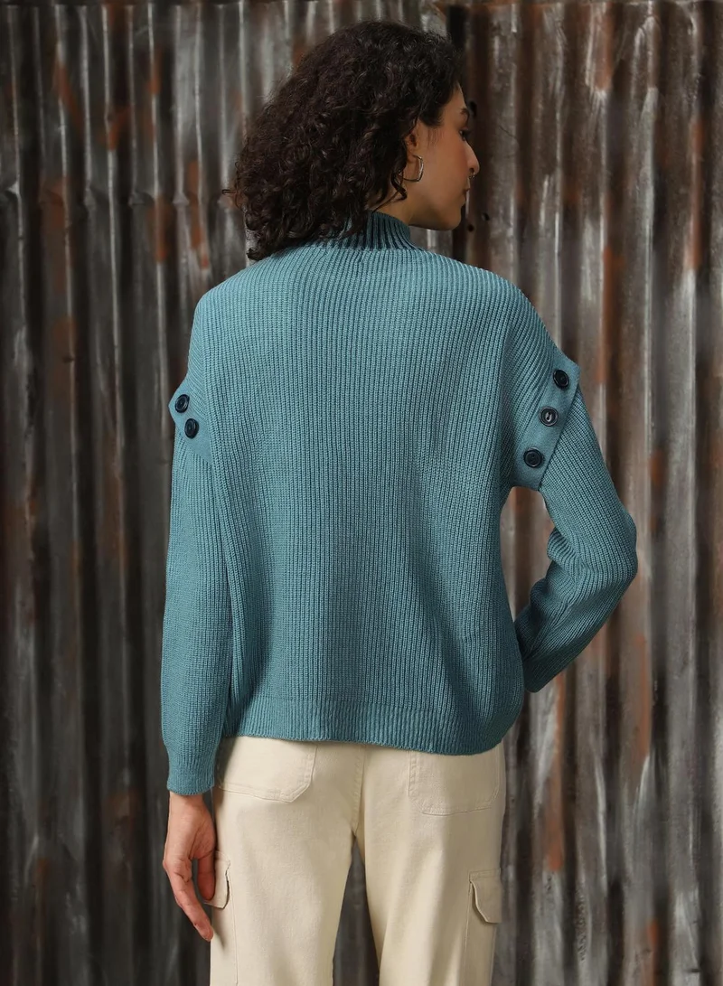 HIGH STAR Women's Arctic With Dark Teal 100% Acrylic Solid Oversized Sweater
