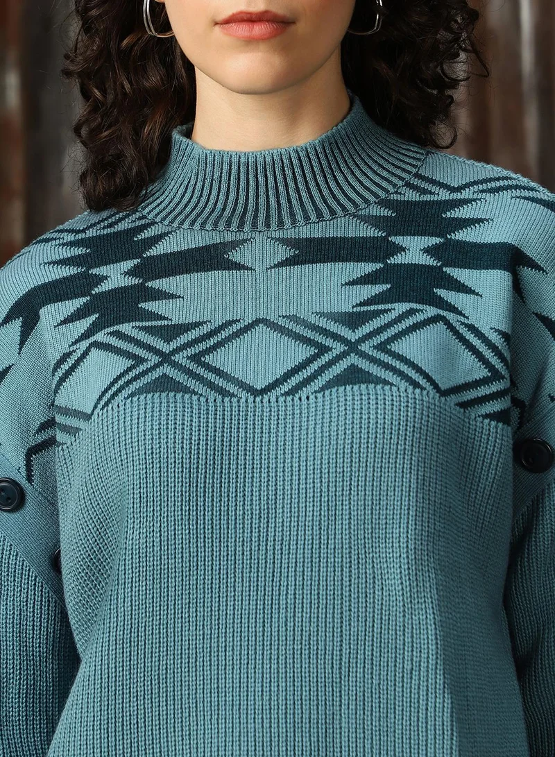 HIGH STAR Women's Arctic With Dark Teal 100% Acrylic Solid Oversized Sweater