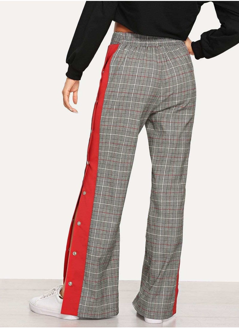 Generic - Contrast Tape Snap Button Side Plaid Pants - Image 1