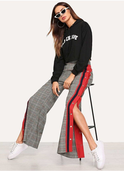 Contrast Tape Snap Button Side Plaid Pants