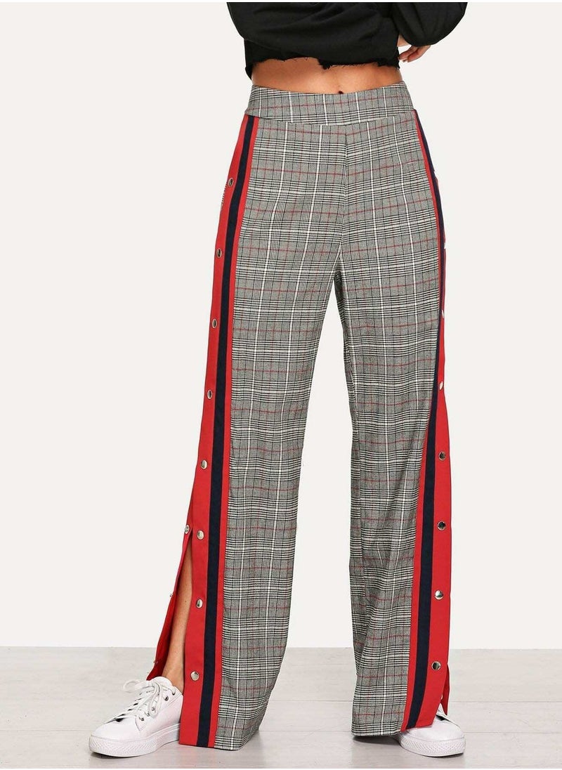Generic - Contrast Tape Snap Button Side Plaid Pants - Image 1