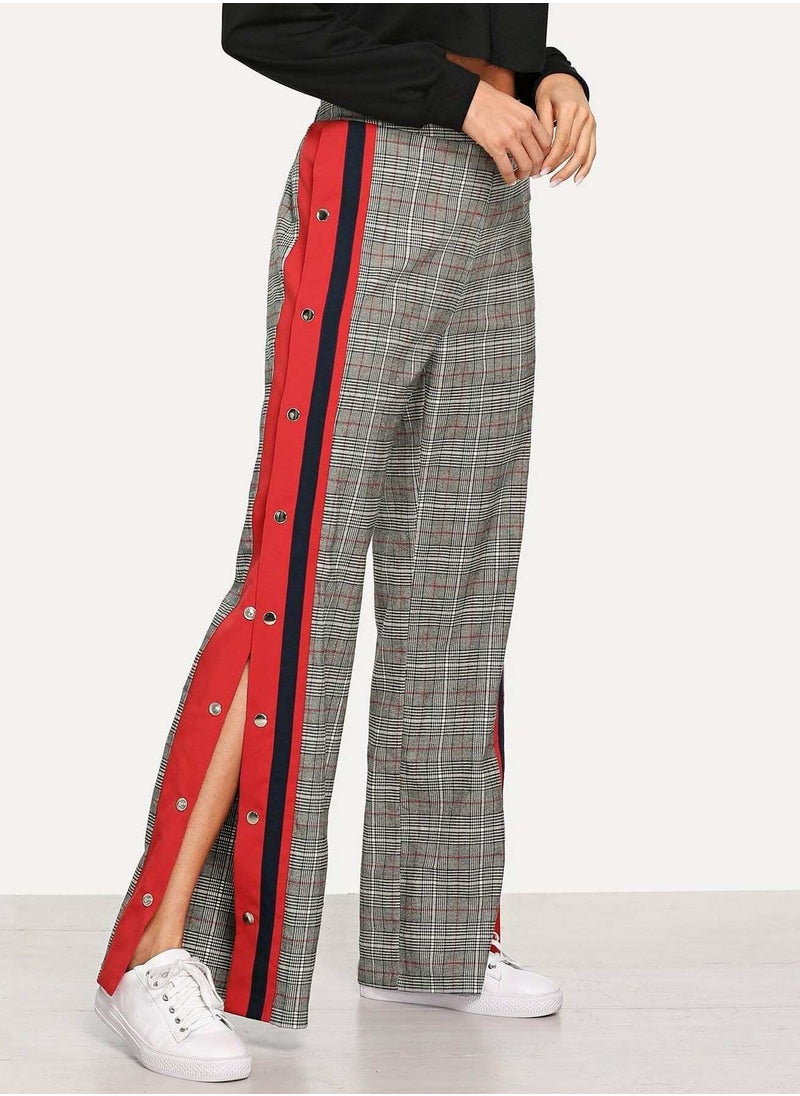 Generic - Contrast Tape Snap Button Side Plaid Pants - Image 1