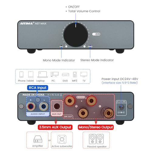 AIYIMA A07 MAX 2 Channel Stereo Amplifier Home Audio 300W*2 TPA3255 Class D Power Amp/Bridgeable Mono Amplifier 600 Watt with 3.5mm Line Output for Passive Bookshelf Speakers+DC36V 6A Power Adapter - Image 2