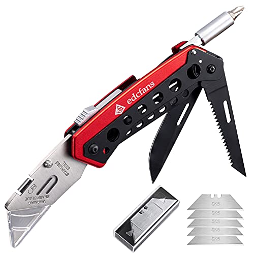 edcfans Folding Utility Knife Box Cutter with 5 Razor Blades, Pocket Utility Knives, Screwdriver, Saw, Lock Design, Clip and Holder for Belt, EDC Heavy Duty Work Knifes, Fathers Day Dad Gifts for Papa - Image 1