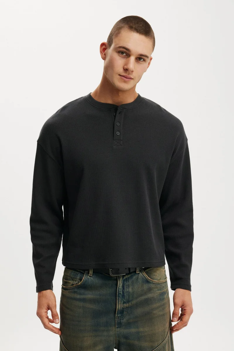 Cotton On RELAXED FIT TEXTURED HENLEY LONG SLEEVE T-SHIRT