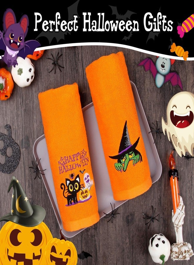 Quera 2 Pack Halloween Hand Towels 100% Cotton Embroidered Premium Luxury Decor Bathroom Decorative Dish Towels Set for Drying, Cleaning, Cooking, Holiday Towels Gift Set (Witch, Orange) - Image 2