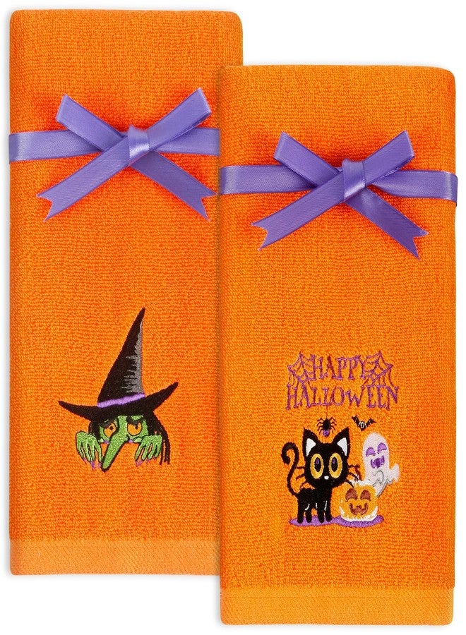 Quera 2 Pack Halloween Hand Towels 100% Cotton Embroidered Premium Luxury Decor Bathroom Decorative Dish Towels Set for Drying, Cleaning, Cooking, Holiday Towels Gift Set (Witch, Orange) - Image 1