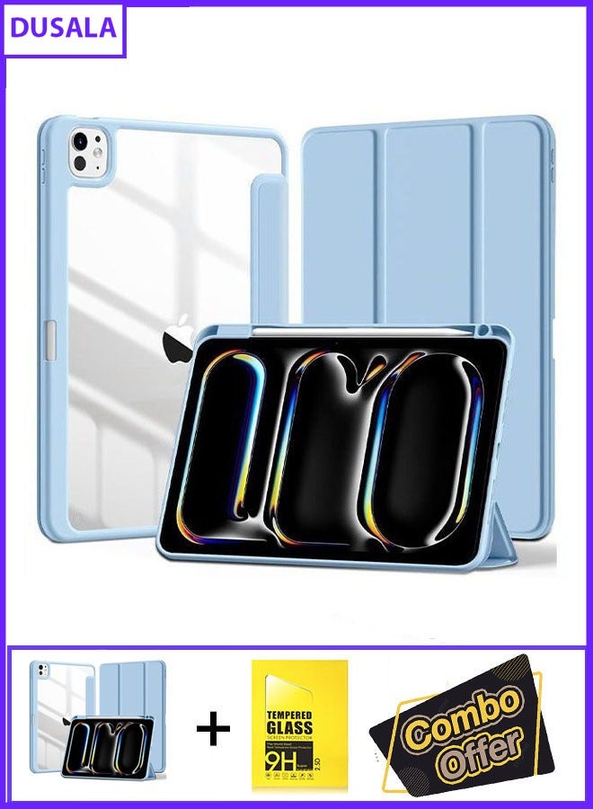 DUSALA 2 in 1 Case for Case for iPad Pro 11 inch (M4) 2024 with Pencil Holder, Slim Stand Protective Cover with Clear Transparent Back Shell for iPad Pro 11 inch Tablet, Support Auto Wake/Sleep With Tempered Glass - Image 1